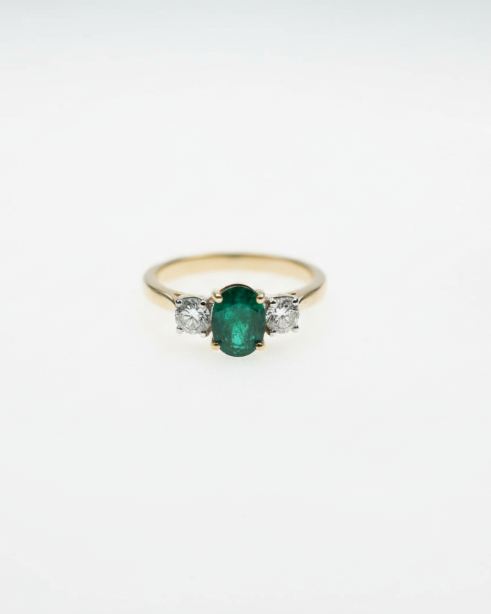 Ogden Of Harrogate Jewellery Emerald and Diamond Three-Stone Ring in 18ct Yellow Gold