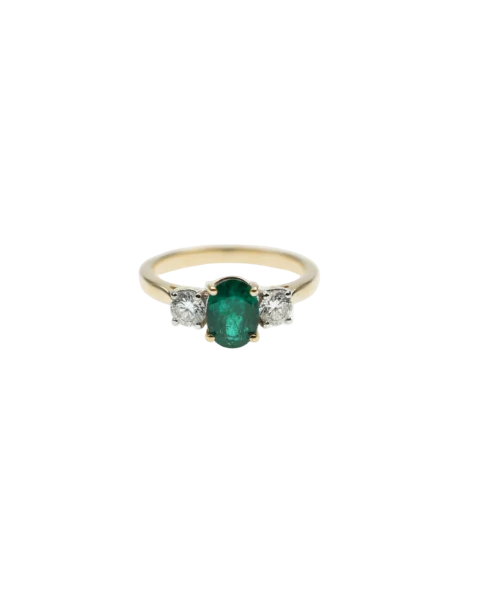 Ogden Of Harrogate Jewellery Emerald and Diamond Three-Stone Ring in 18ct Yellow Gold