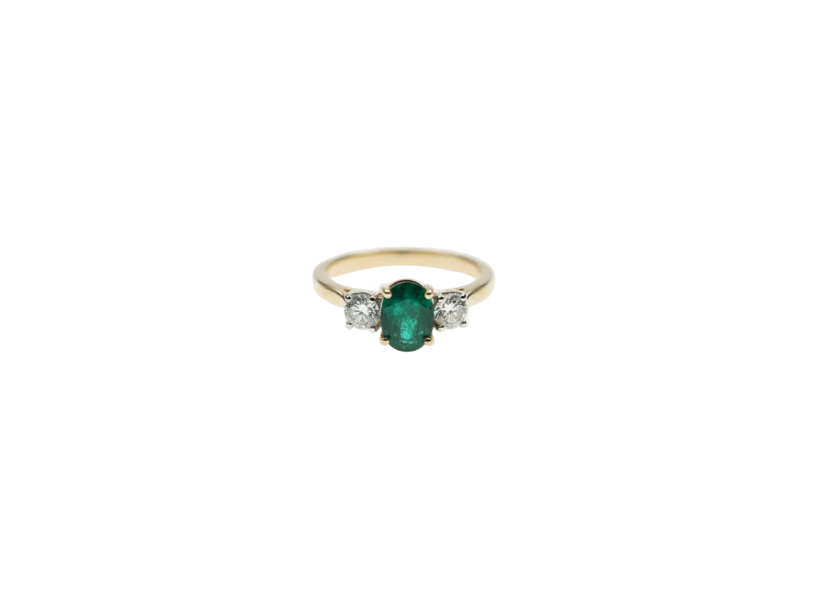Ogden Of Harrogate Jewellery Emerald and Diamond Three-Stone Ring in 18ct Yellow Gold