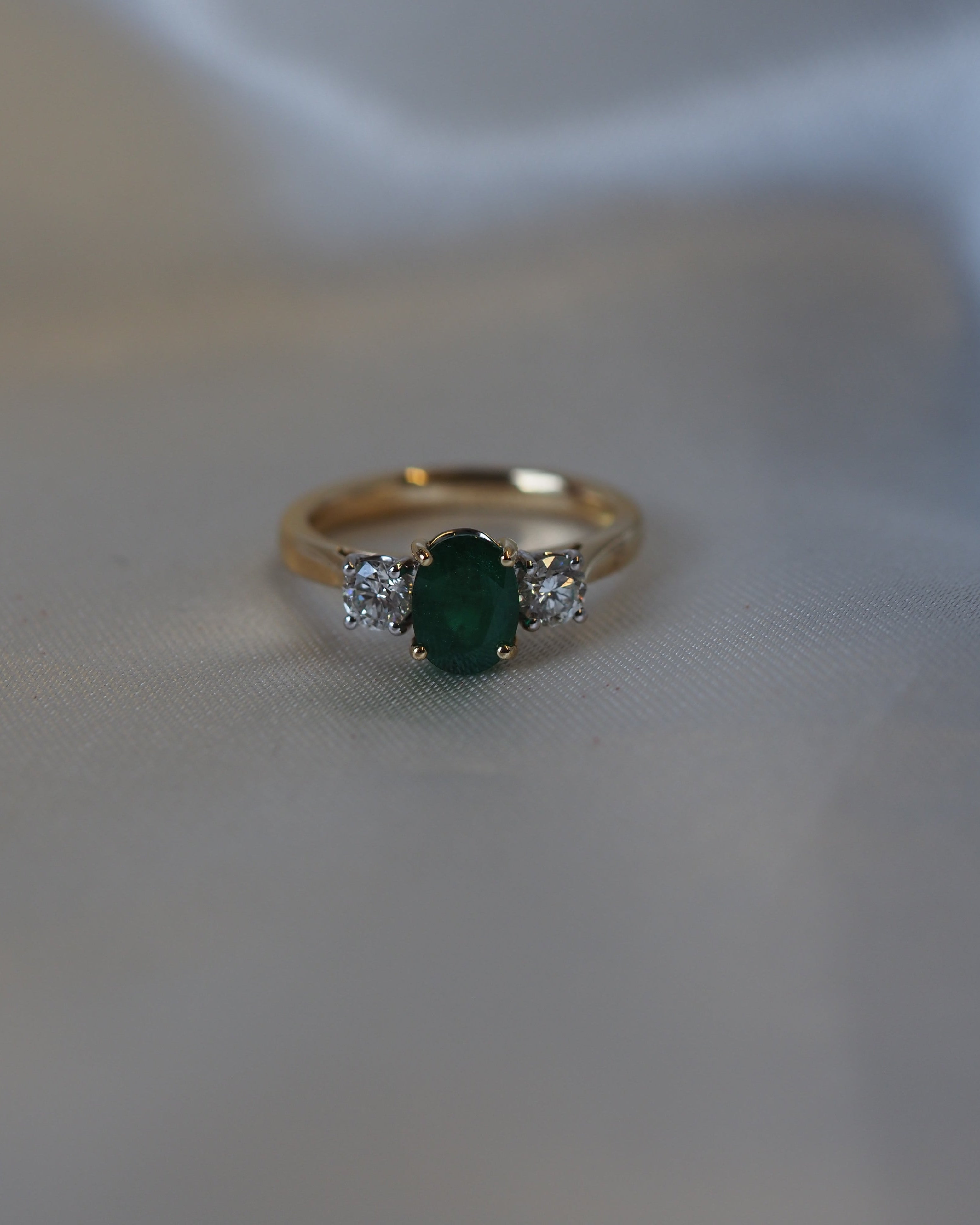 Ogden Of Harrogate Jewellery Emerald and Diamond Three-Stone Ring in 18ct Yellow Gold