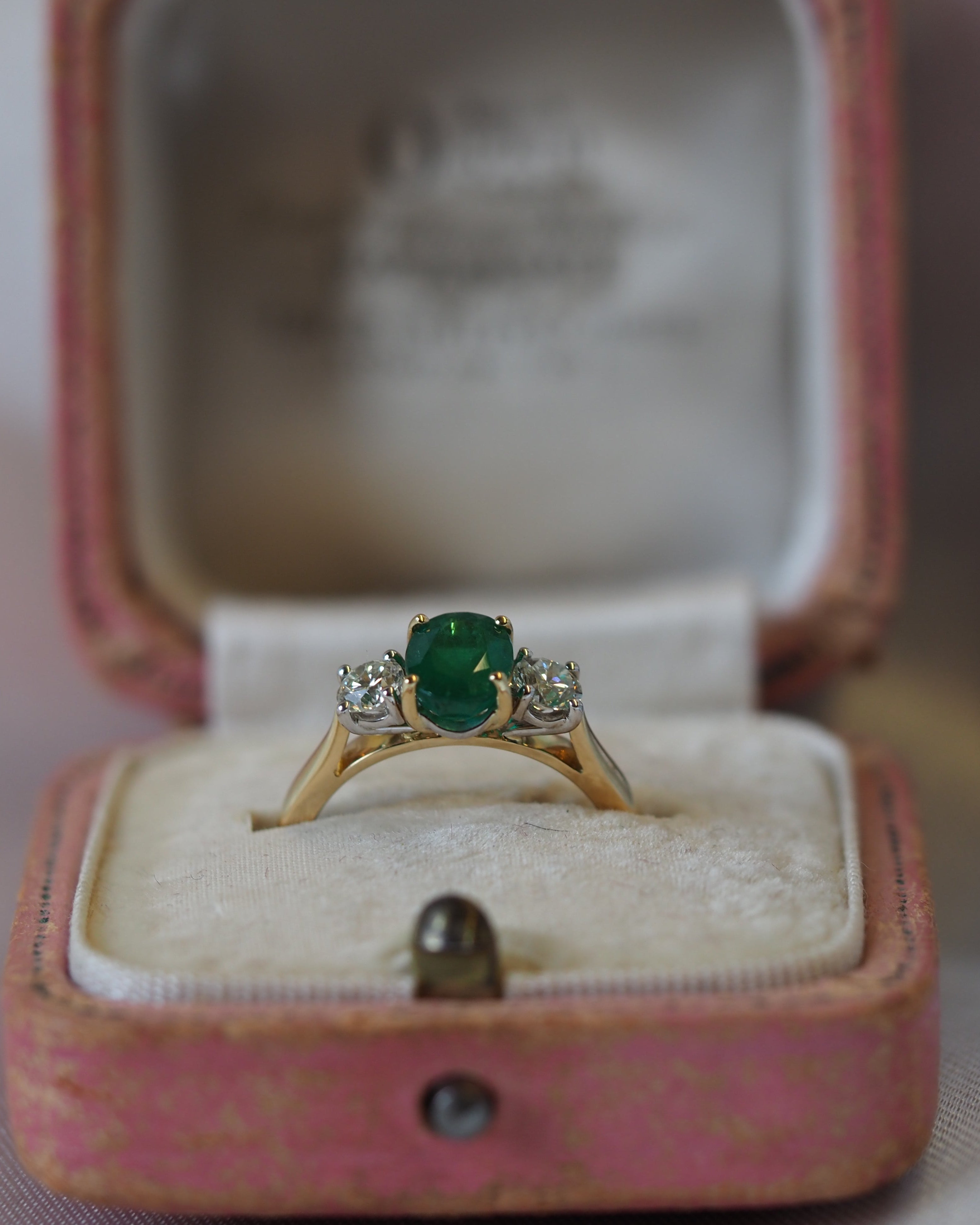 Ogden Of Harrogate Jewellery Emerald and Diamond Three-Stone Ring in 18ct Yellow Gold