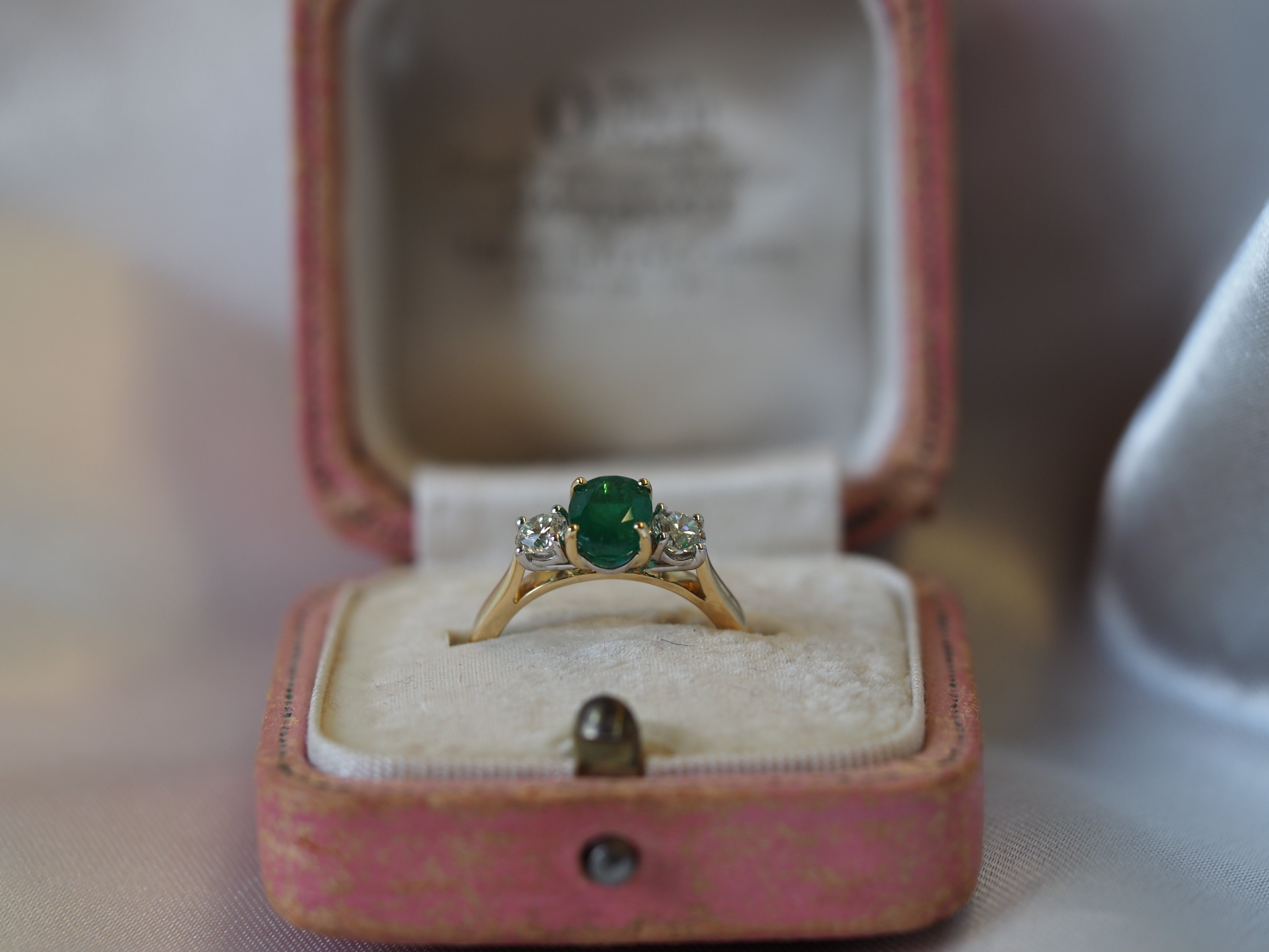 Ogden Of Harrogate Jewellery Emerald and Diamond Three-Stone Ring in 18ct Yellow Gold