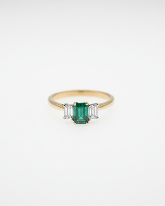Ogden of Harrogate Jewellery Emerald and Diamond Three-Stone Ring in 18ct Yellow Gold