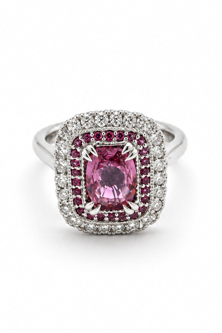 Ogden Of Harrogate Jewellery Fancy Pink Sapphire and Diamond Cluster Ring. Platinum Set