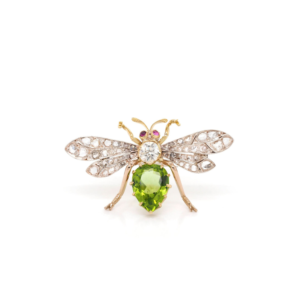 Ogden of Harrogate Jewellery Gold and Silver Diamond, Peridot, and Ruby-set Insect Brooch, c.1881