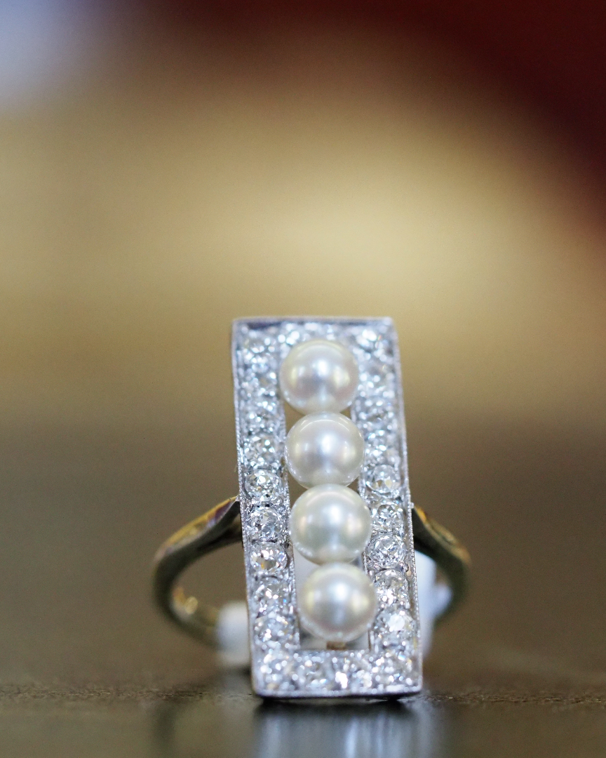 Ogden of Harrogate Jewellery Natural Pearl and Diamond Art Deco Ring