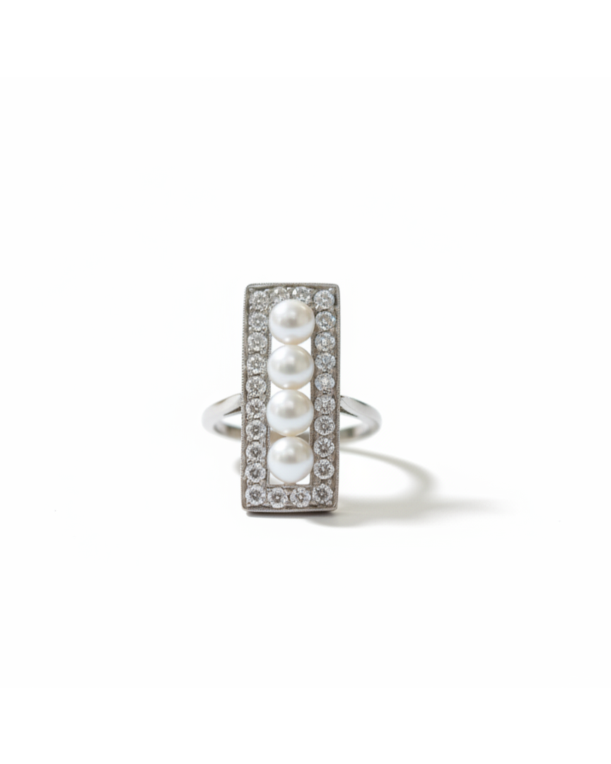 Ogden of Harrogate Jewellery Natural Pearl and Diamond Art Deco Ring