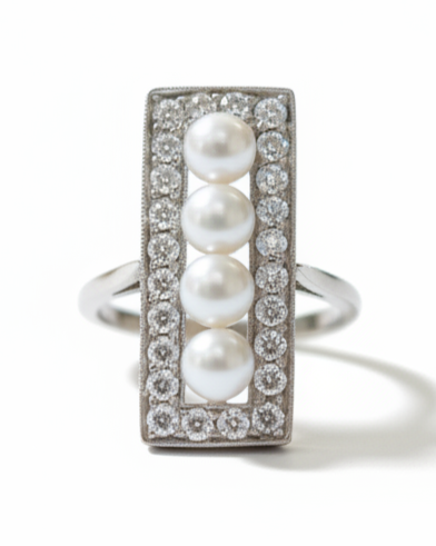 Ogden of Harrogate Jewellery Natural Pearl and Diamond Art Deco Ring
