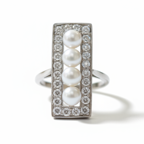 Ogden of Harrogate Jewellery Natural Pearl and Diamond Art Deco Ring