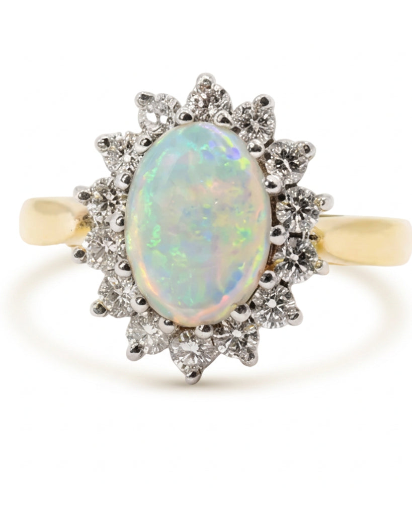 Ogden Of Harrogate Jewellery Oval Opal and Diamond Cluster Ring in 18ct Yellow Gold