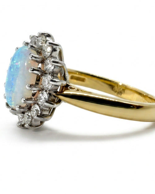 Ogden Of Harrogate Jewellery Oval Opal and Diamond Cluster Ring in 18ct Yellow Gold