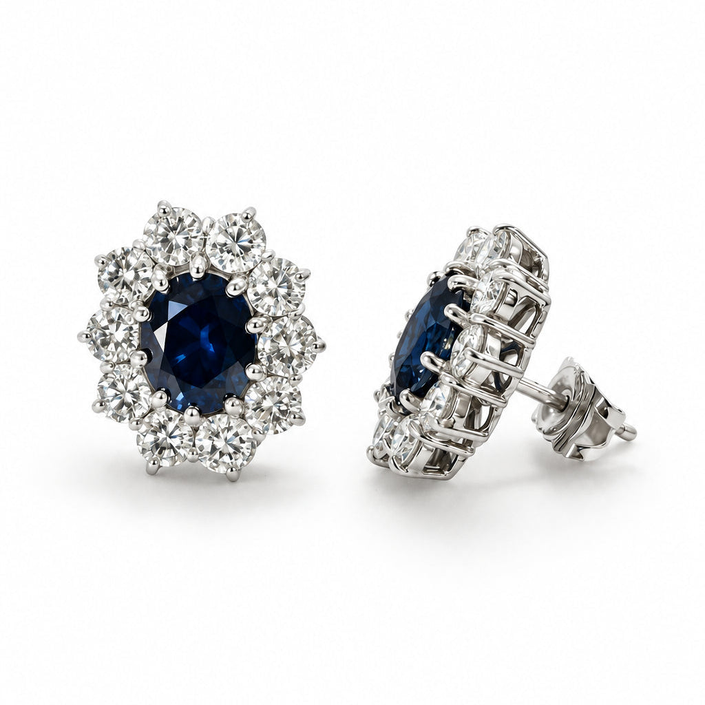 Ogden Of Harrogate Jewellery Pair of Diamond and Sapphire Oval Cluster Earrings, 18CT White Gold