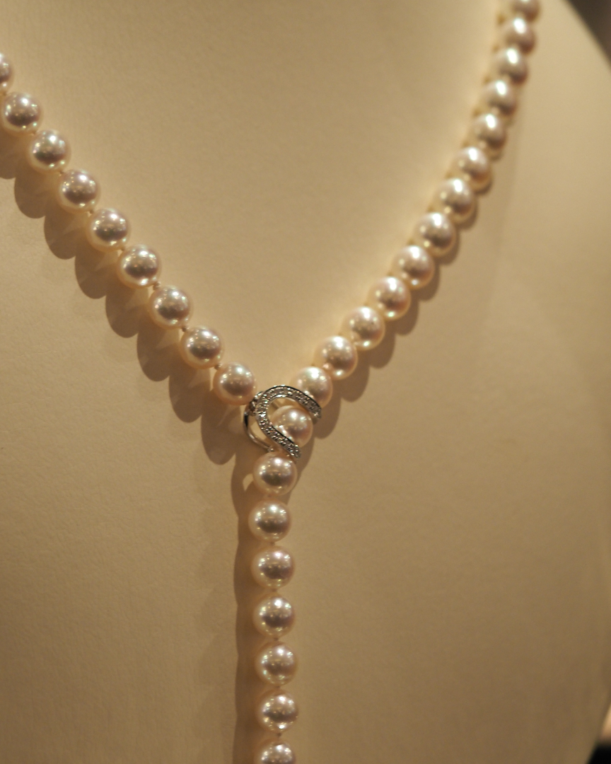 Ogden of Harrogate Jewellery Pearl Necklace With Diamond Clasp and Pyramind Link Detail *POA*