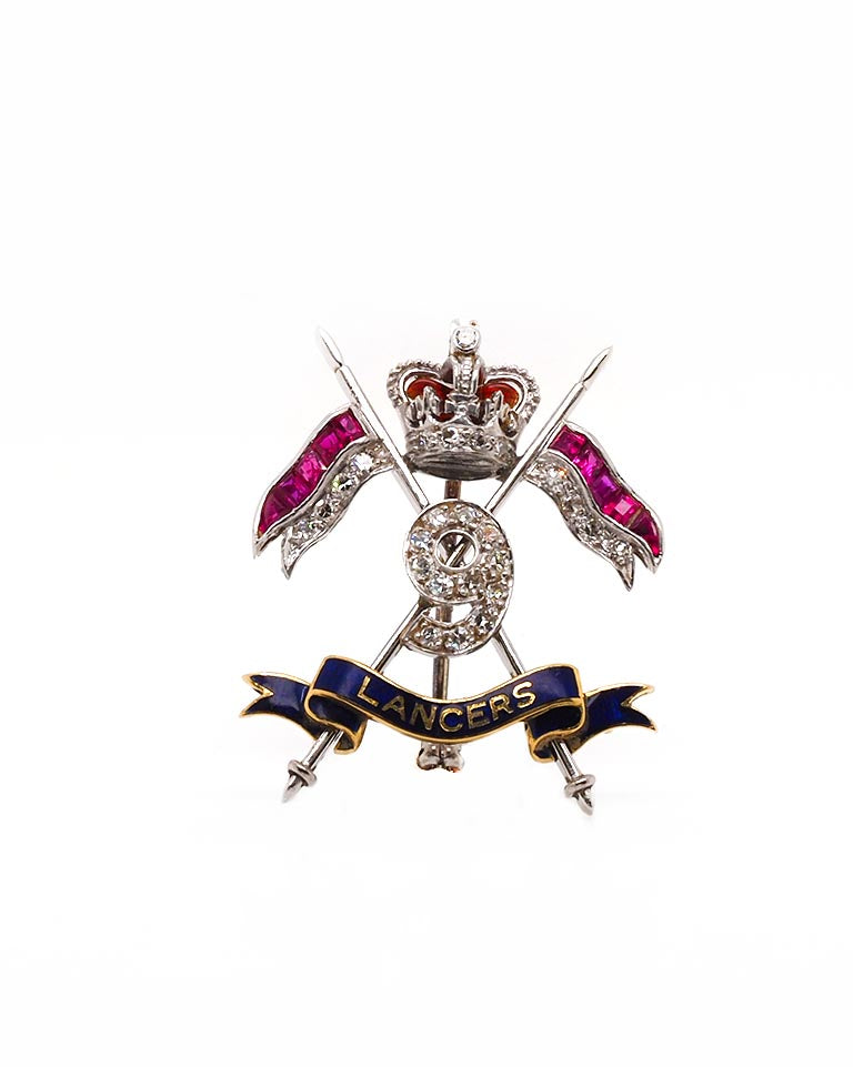 Ogden of Harrogate Jewellery Platinum and Gold 9th Royal Lancers Brooch – Set with Diamonds and Rubies