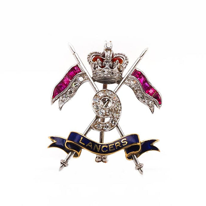 Ogden of Harrogate Jewellery Platinum and Gold 9th Royal Lancers Brooch – Set with Diamonds and Rubies