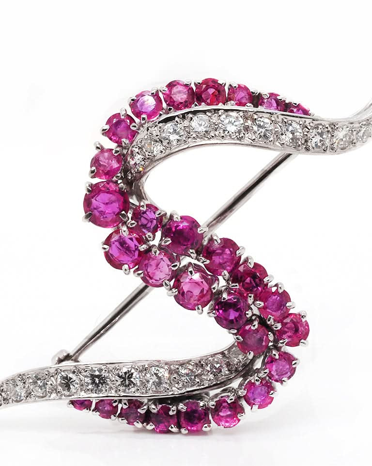 Ogden of Harrogate Jewellery Platinum Diamond and Ruby Swirl Brooch | Vintage c.1950