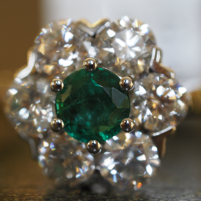 Ogden of Harrogate Jewellery Platinum Emerald and Diamond Cluster Ring