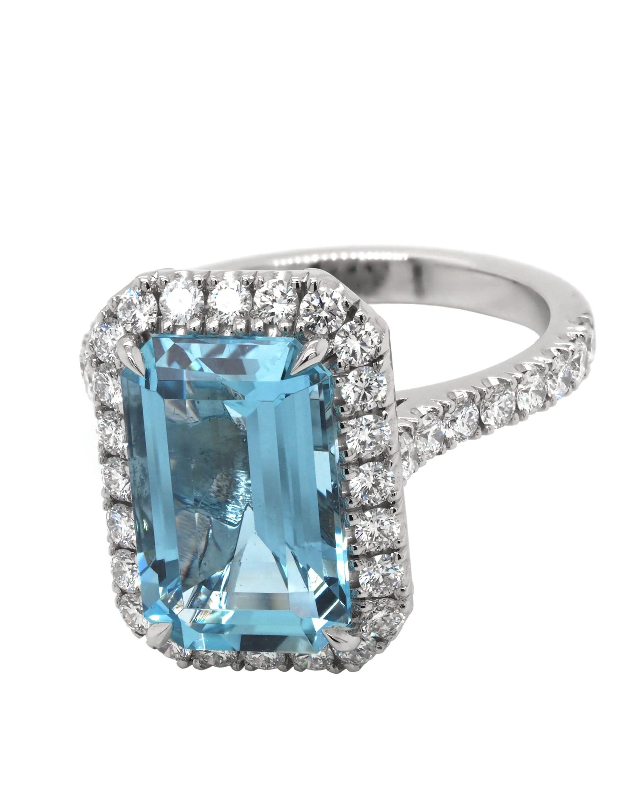 Ogden of Harrogate Jewellery Platinum Emerald-Cut Aquamarine and Diamond Cluster Ring
