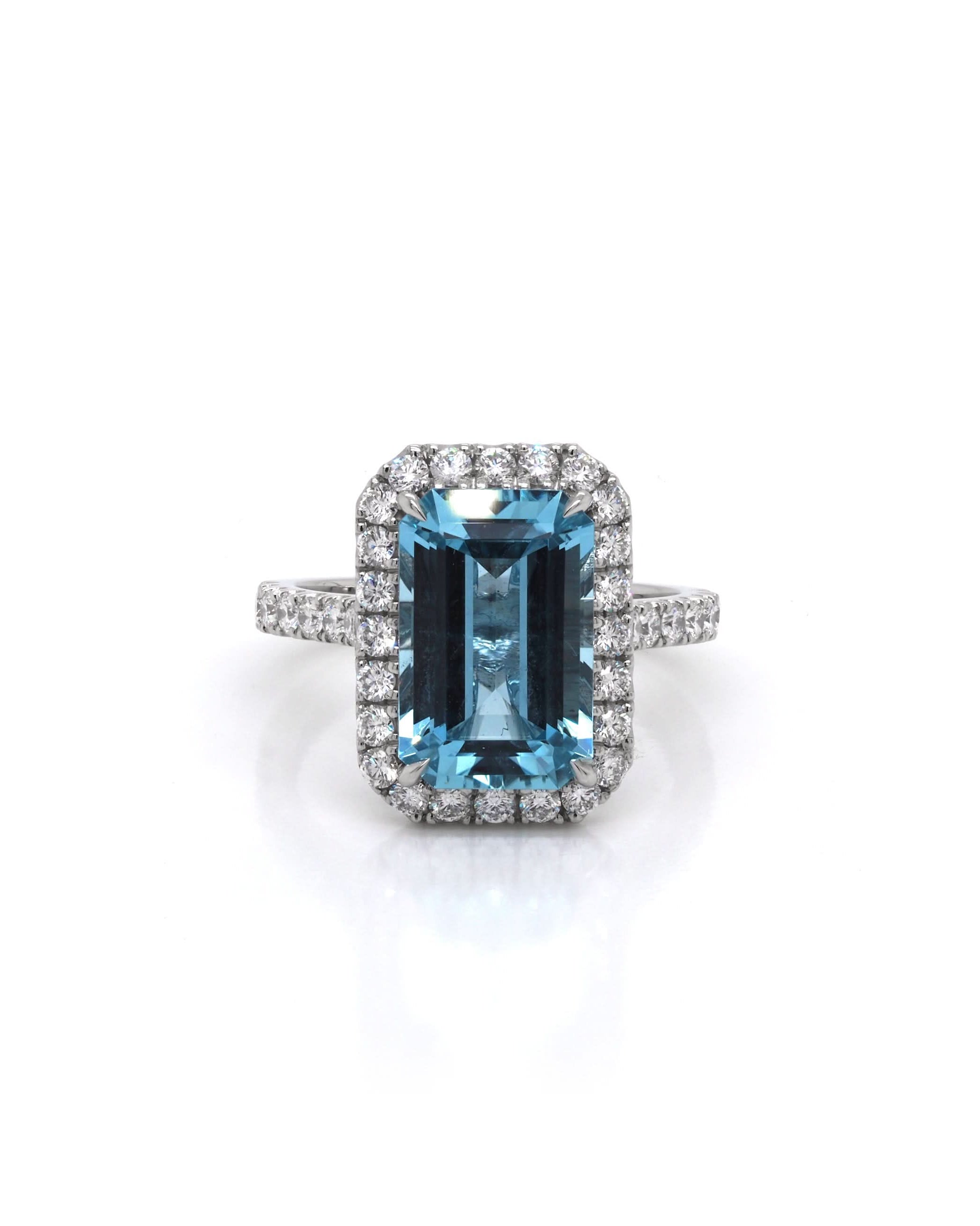 Ogden of Harrogate Jewellery Platinum Emerald-Cut Aquamarine and Diamond Cluster Ring