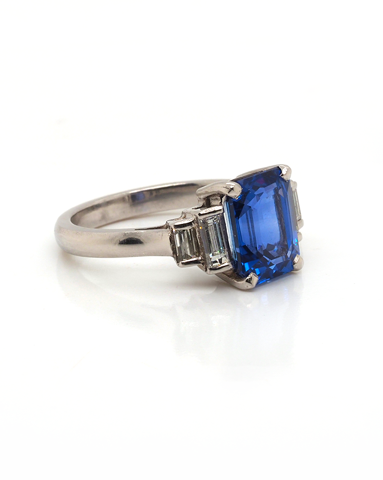 Ogden of Harrogate Jewellery Platinum Emerald-Cut Ceylon Sapphire & Baguette Diamond Ring
