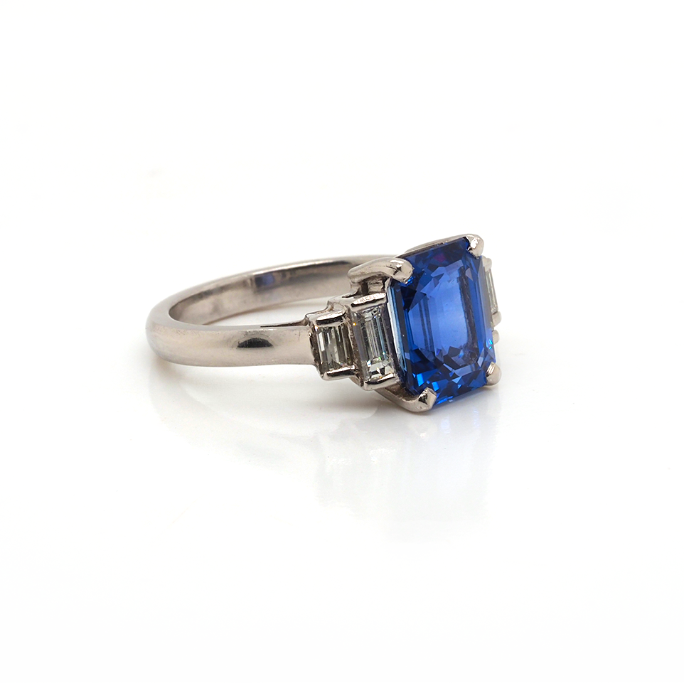 Ogden of Harrogate Jewellery Platinum Emerald-Cut Ceylon Sapphire & Baguette Diamond Ring