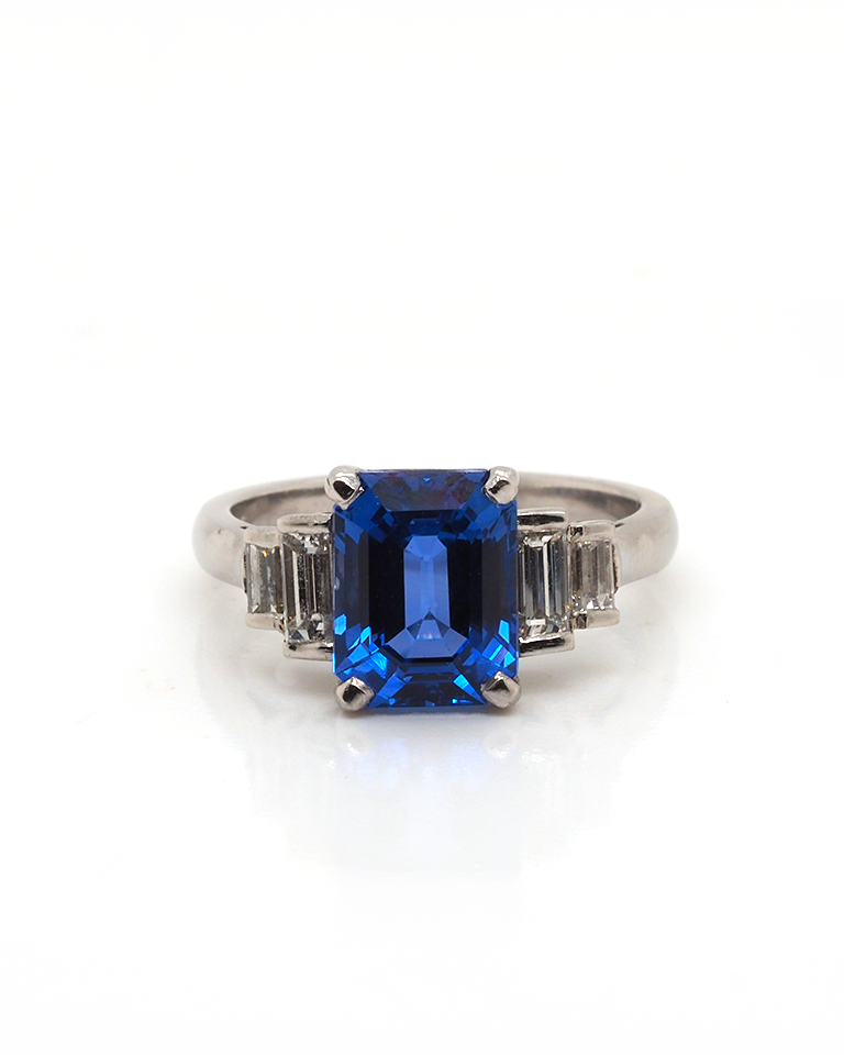 Ogden of Harrogate Jewellery Platinum Emerald-Cut Ceylon Sapphire & Baguette Diamond Ring