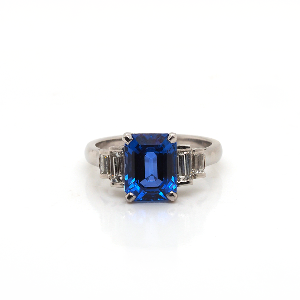 Ogden of Harrogate Jewellery Platinum Emerald-Cut Ceylon Sapphire & Baguette Diamond Ring