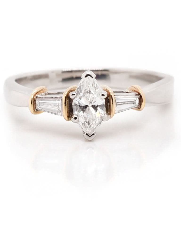 Ogden of Harrogate Jewellery Platinum Marquise Cut Diamond Ring with Baguette Cut Diamond Set Shoulders