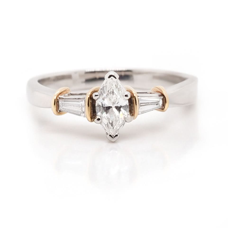Ogden of Harrogate Jewellery Platinum Marquise Cut Diamond Ring with Baguette Cut Diamond Set Shoulders