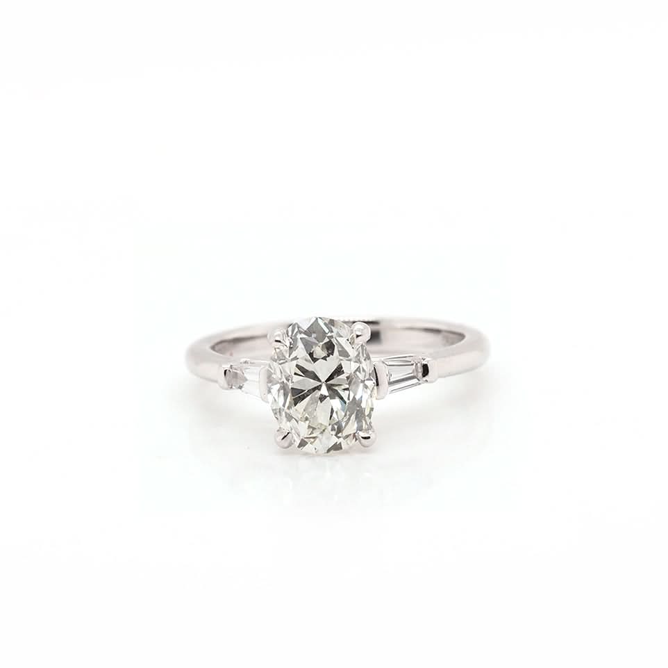 Ogden of Harrogate Jewellery Platinum Oval Cushion-Cut Diamond Ring with Tapered Baguette Shoulders