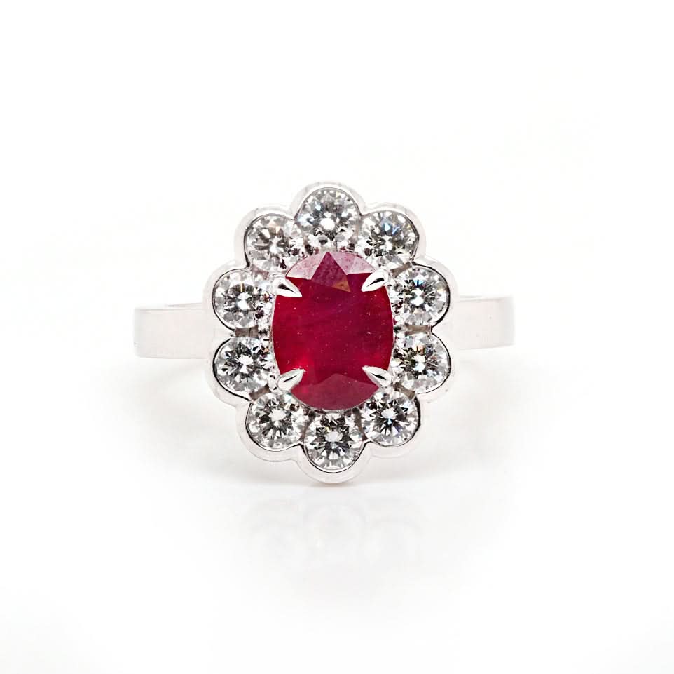 Ogden of Harrogate Jewellery Platinum Oval Ruby and Diamond Cluster Ring