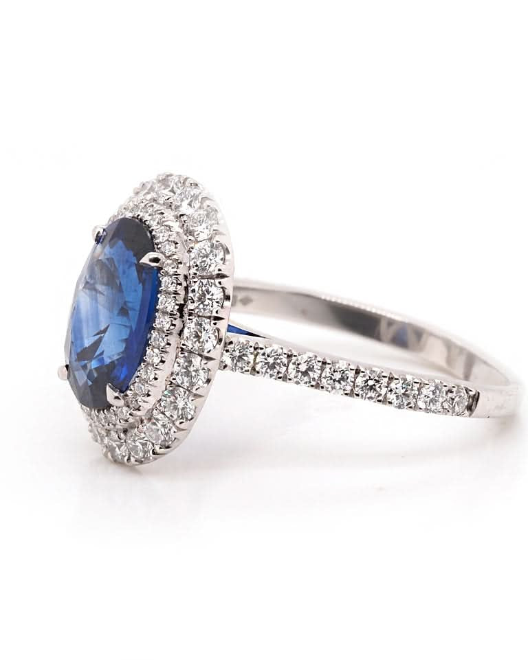 Ogden of Harrogate Jewellery Platinum Oval Sapphire and Diamond Cluster Ring with Diamond-Set Shoulders – 2.55ct Sapphire, 0.92ct Diamond