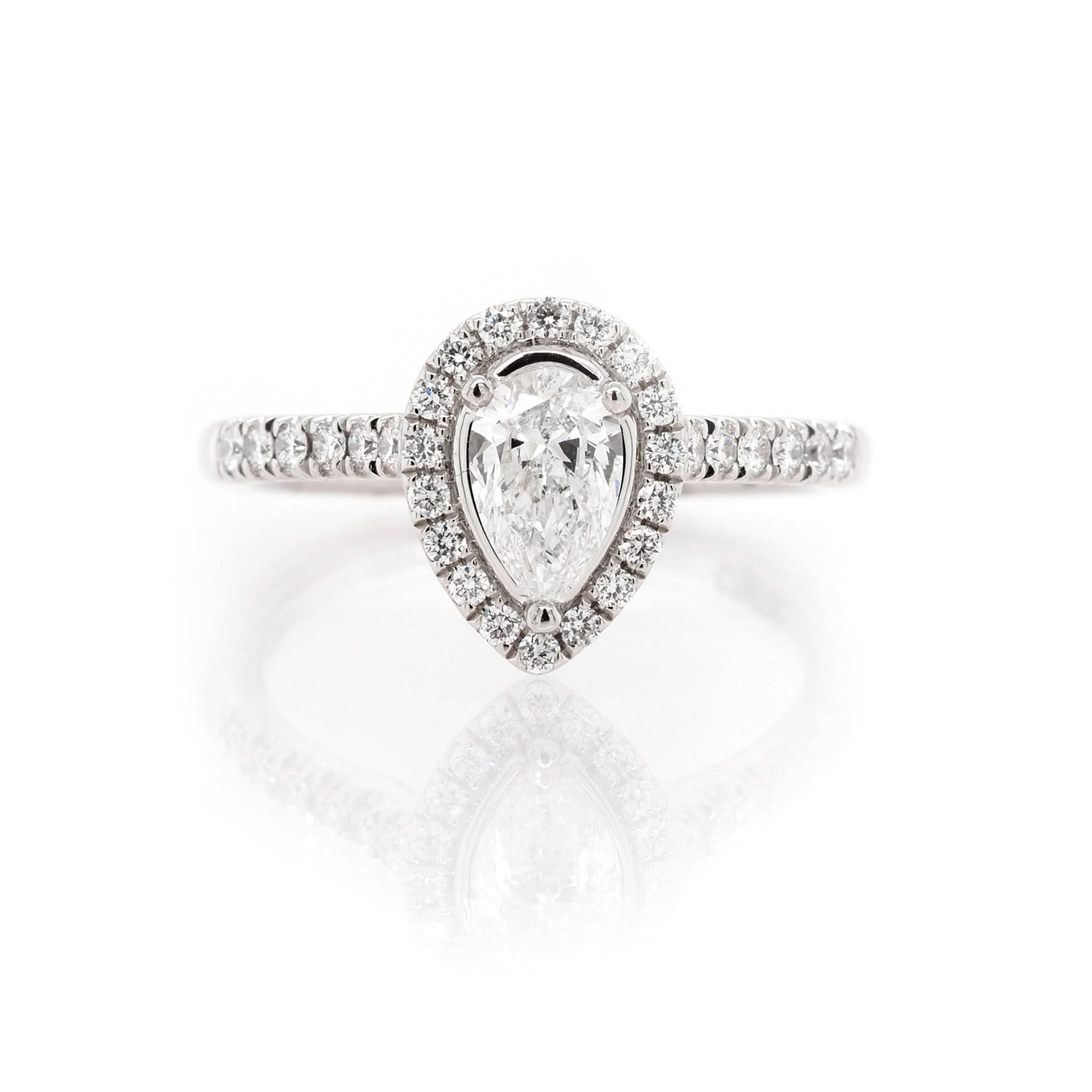 Ogden of Harrogate Jewellery Platinum Pear-Shaped Diamond Cluster Ring with Diamond Set Shoulders