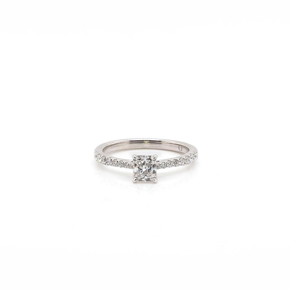 Ogden of Harrogate Jewellery Platinum Radiant Cut Diamond Ring with Diamond Set Shoulders