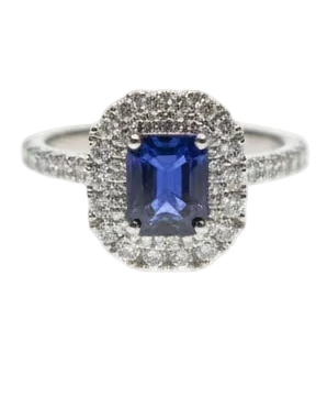 Ogden of Harrogate Jewellery Platinum Sapphire and Diamond Double-Halo Ring