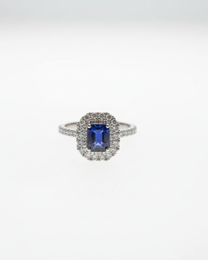 Ogden of Harrogate Jewellery Platinum Sapphire and Diamond Double-Halo Ring