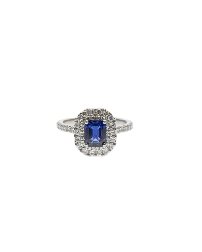 Ogden of Harrogate Jewellery Platinum Sapphire and Diamond Double-Halo Ring