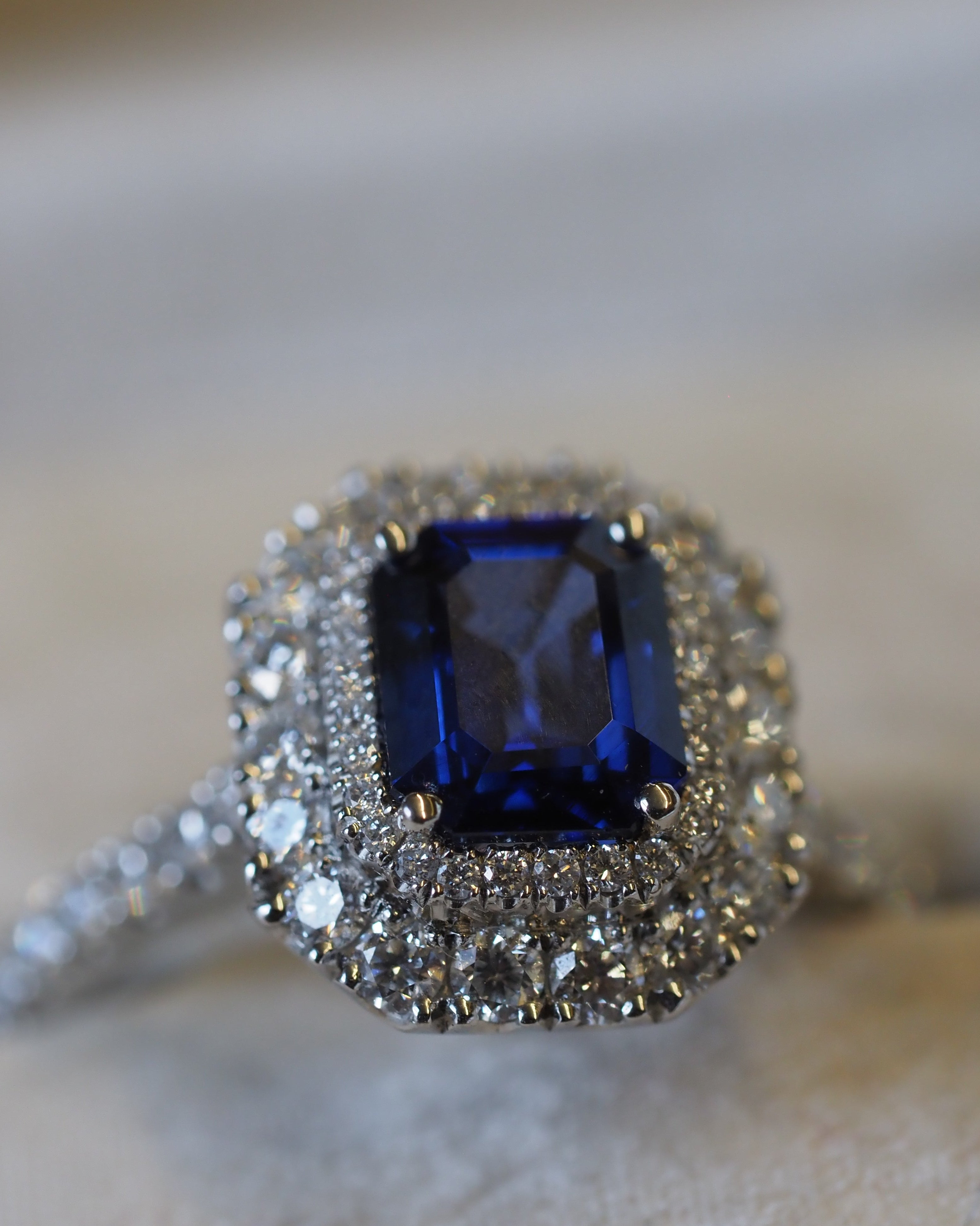 Ogden of Harrogate Jewellery Platinum Sapphire and Diamond Double-Halo Ring