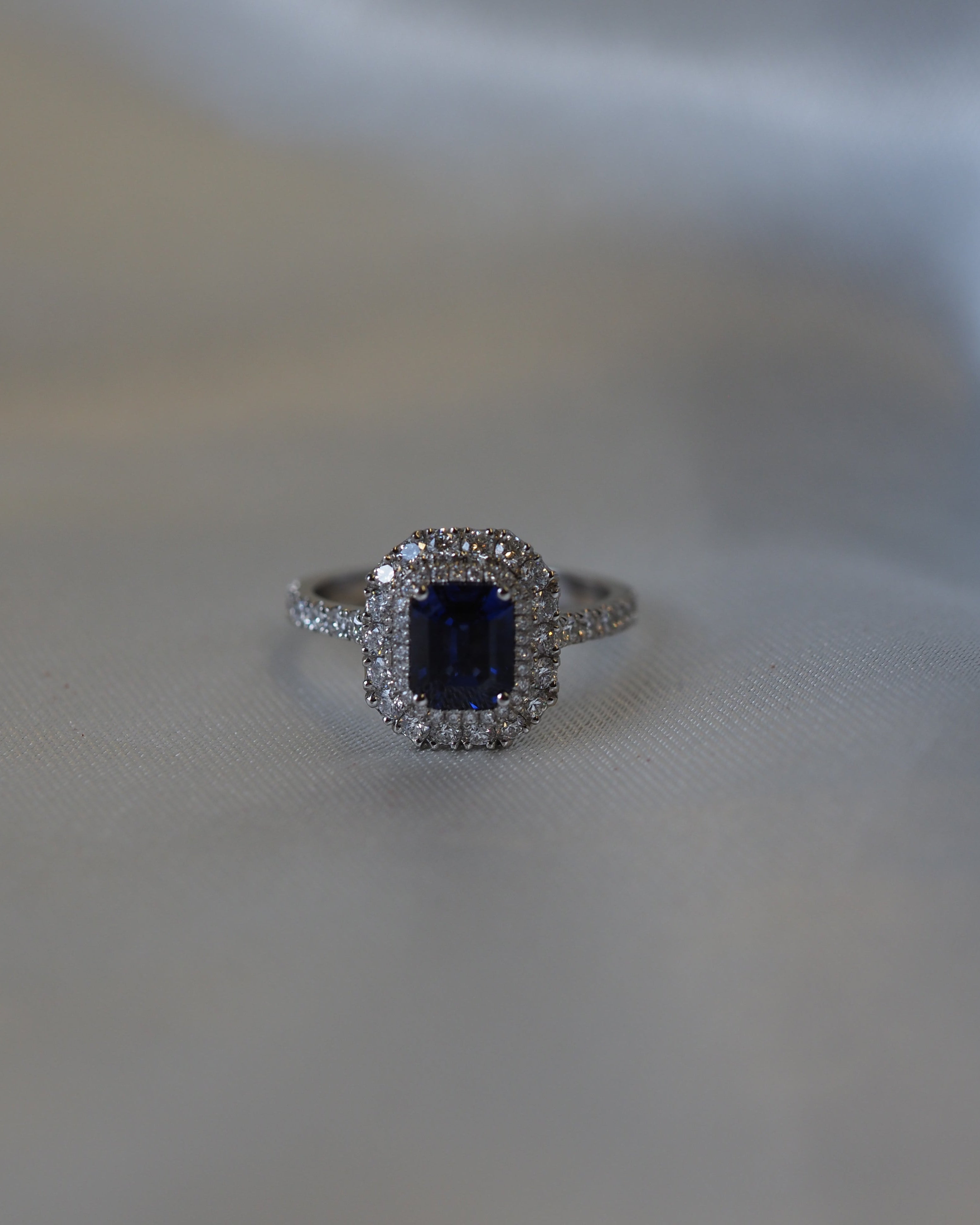 Ogden of Harrogate Jewellery Platinum Sapphire and Diamond Double-Halo Ring