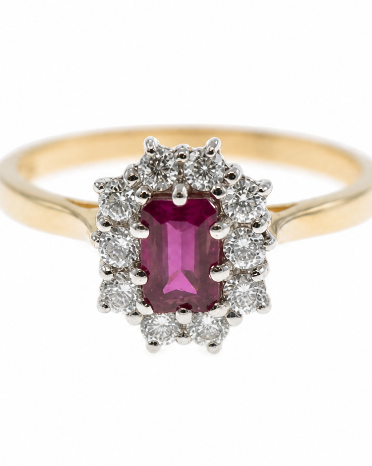 Ogden of Harrogate Jewellery Ruby and Diamond Cluster Ring in 18ct Yellow Gold
