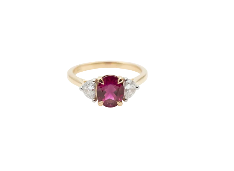 Ogden of Harrogate Jewellery Ruby and Diamond Three-Stone Ring in 18ct Yellow Gold