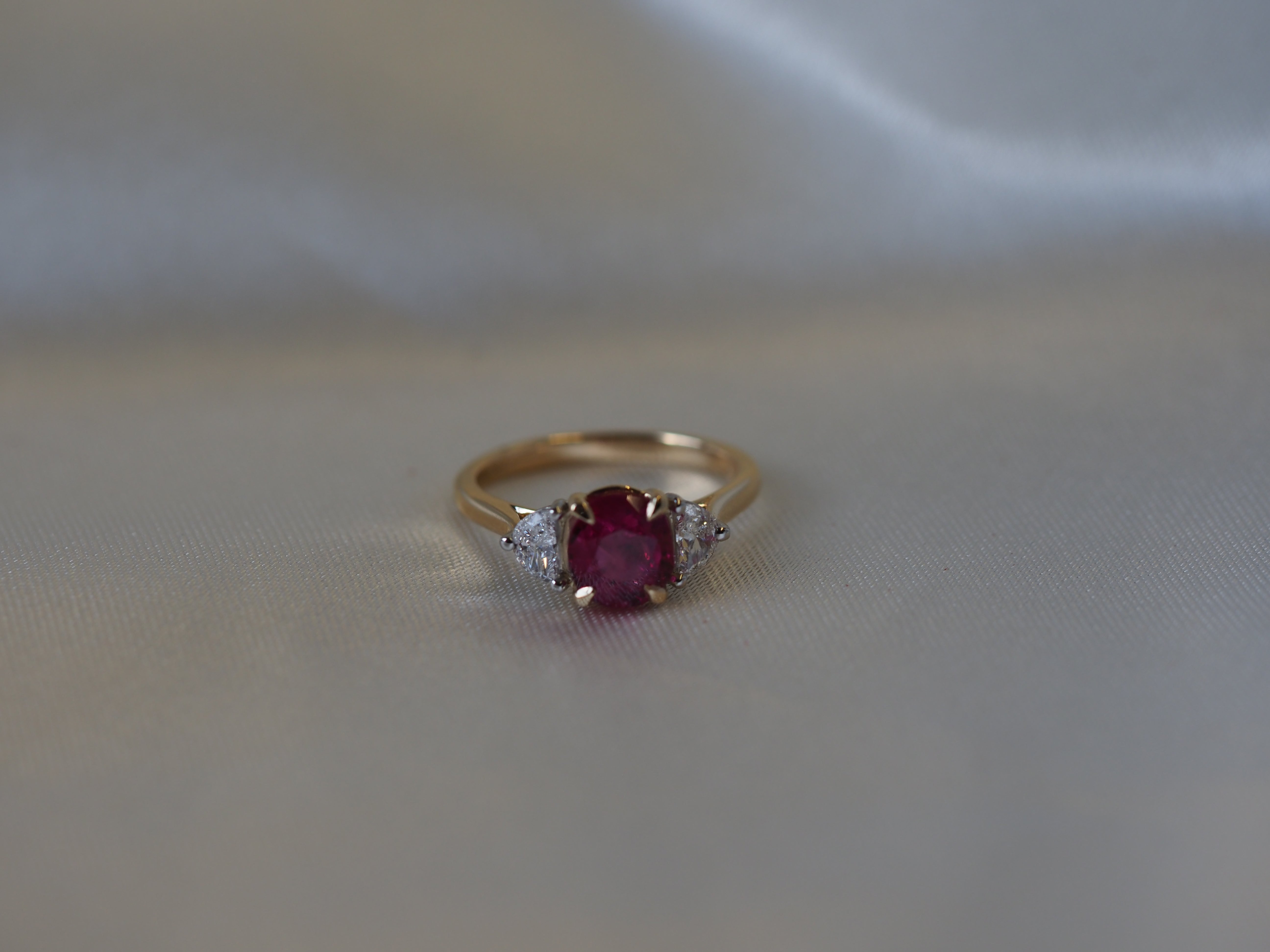 Ogden of Harrogate Jewellery Ruby and Diamond Three-Stone Ring in 18ct Yellow Gold