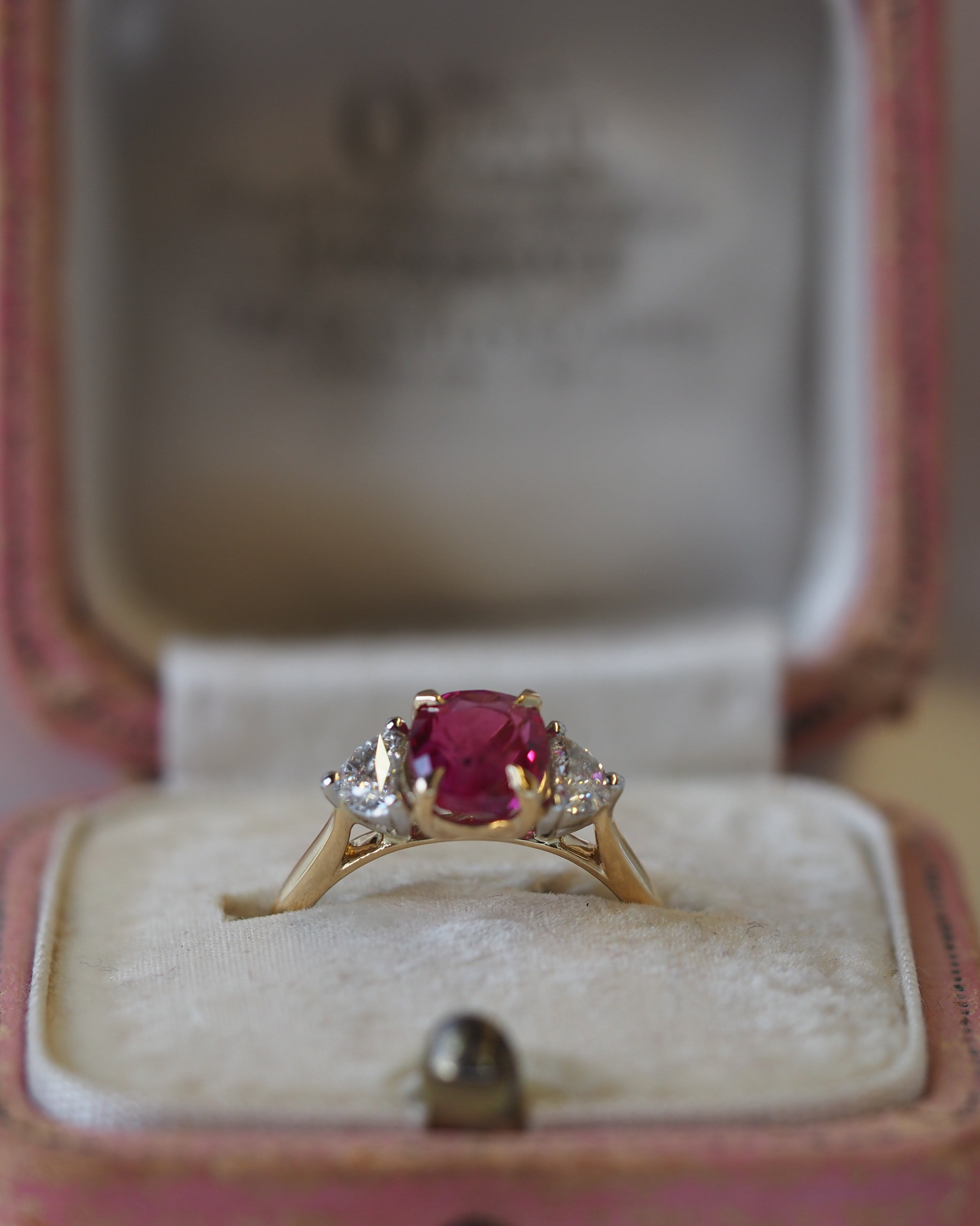 Ogden of Harrogate Jewellery Ruby and Diamond Three-Stone Ring in 18ct Yellow Gold