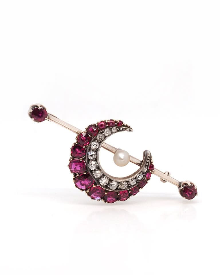 Ogden of Harrogate Jewellery Ruby & Diamond Crescent Brooch with Central Pearl