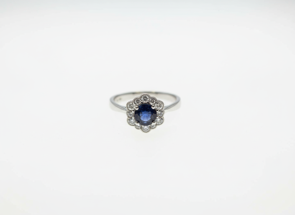 Ogden of Harrogate Jewellery Sapphire and Diamond Cluster Ring in 18ct White Gold