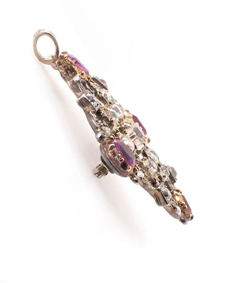 Ogden of Harrogate Jewellery Silver and 9ct Yellow Gold Georgian Red Stone and Diamond Set Brooch/Pendant