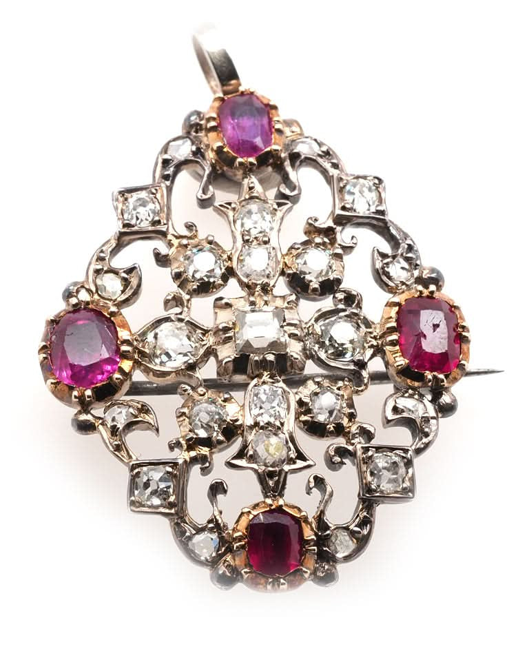Ogden of Harrogate Jewellery Silver and 9ct Yellow Gold Georgian Red Stone and Diamond Set Brooch/Pendant