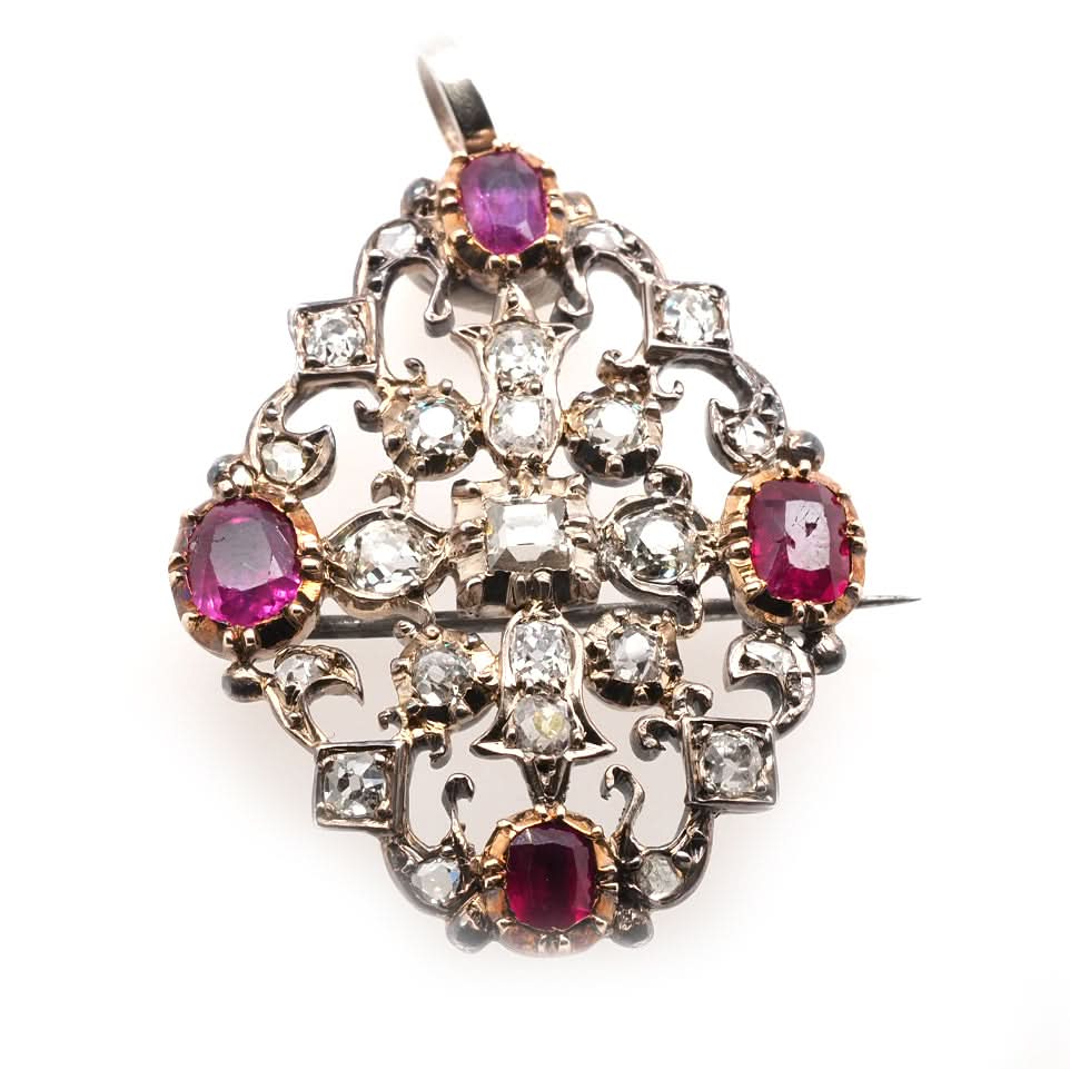 Ogden of Harrogate Jewellery Silver and 9ct Yellow Gold Georgian Red Stone and Diamond Set Brooch/Pendant