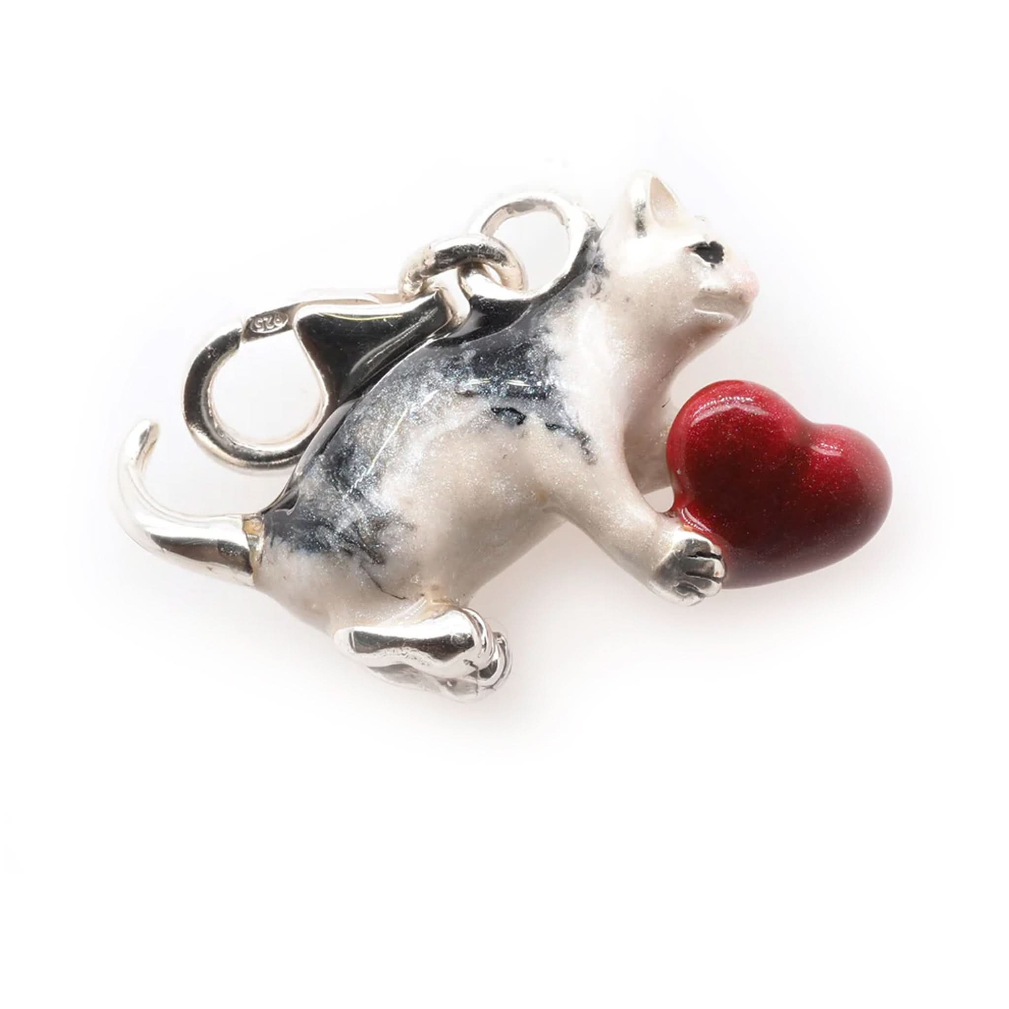 Ogden of Harrogate Jewellery Silver Enamelled Cat with Heart Pendant Charm