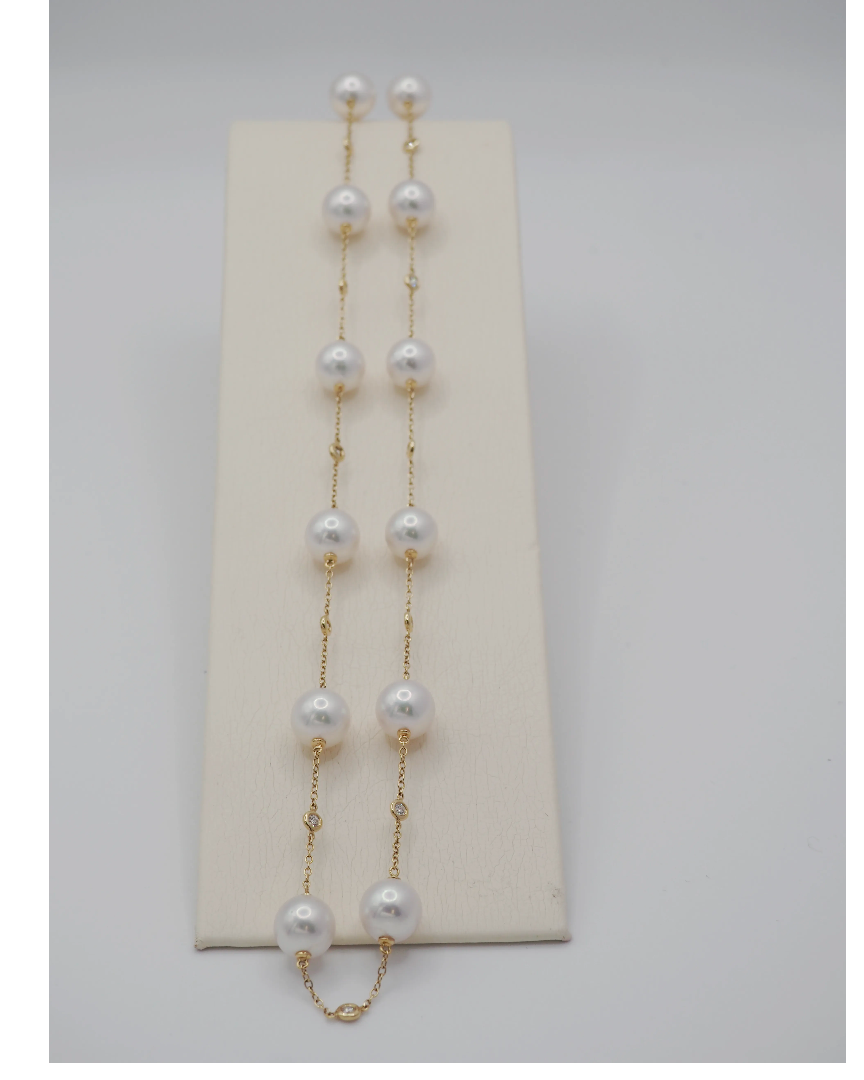 Ogden of Harrogate Jewellery Single Row of Diamond and Akoya Pearl Necklace on a 18k Yellow Gold Chain